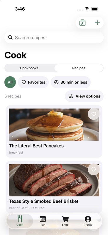 It’s Mealtime iOS app recipe library screen