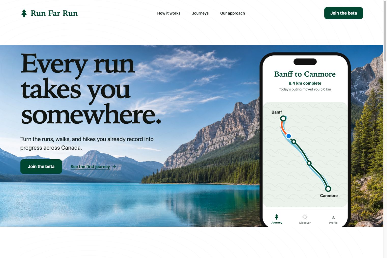 Run Far launch page with a Banff to Canmore journey preview