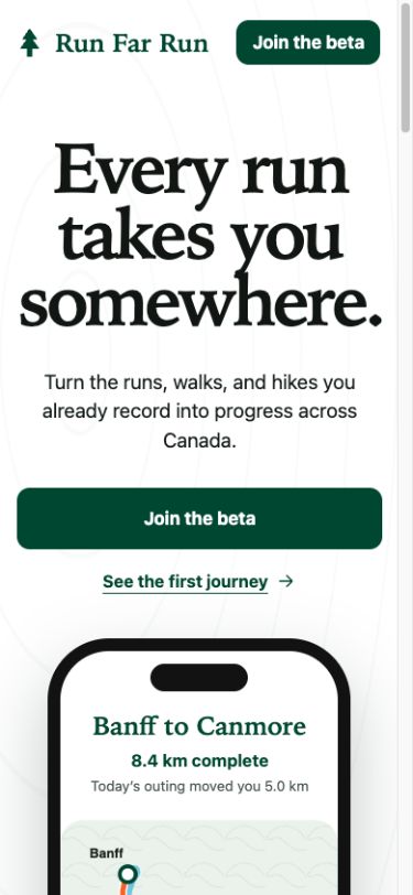Run Far launch page on a mobile screen